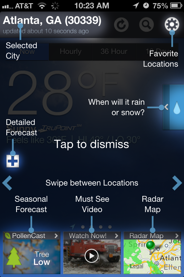 A screenshot of the Weather Channel app that has a blocking overlay showing tips pointing at all parts of the underlying UI
