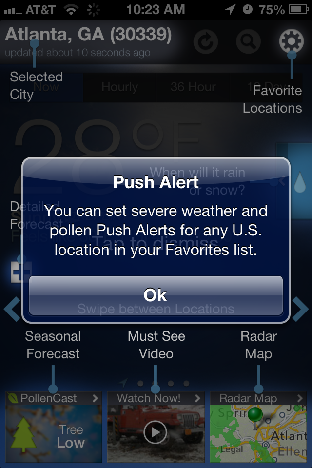 A screenshot showing a dialog on the Weather Channel app that informs the user that they can get push alerts for severe weather, and the only option on this dialog is "OK"