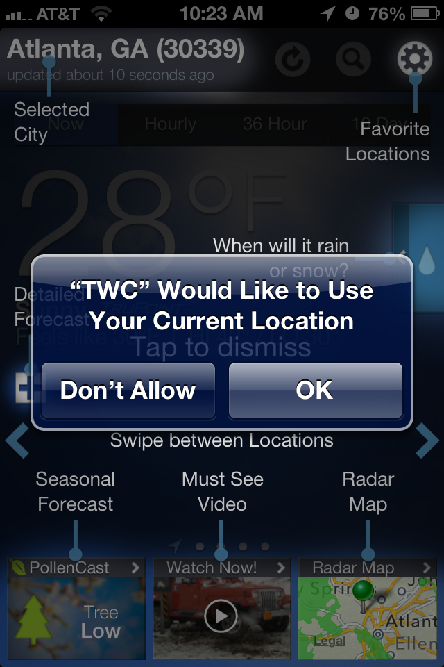 Screenshot showing the Weather Channel app asking for location permission 