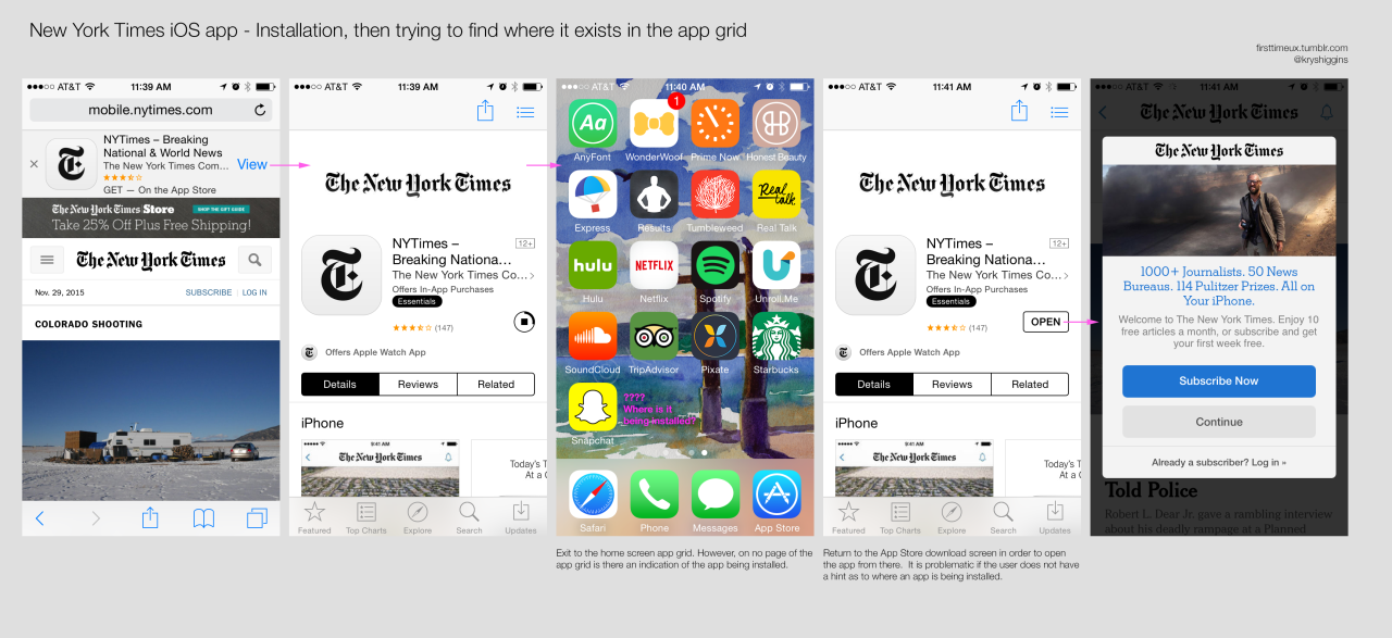 Screenshots from New York Times app without account