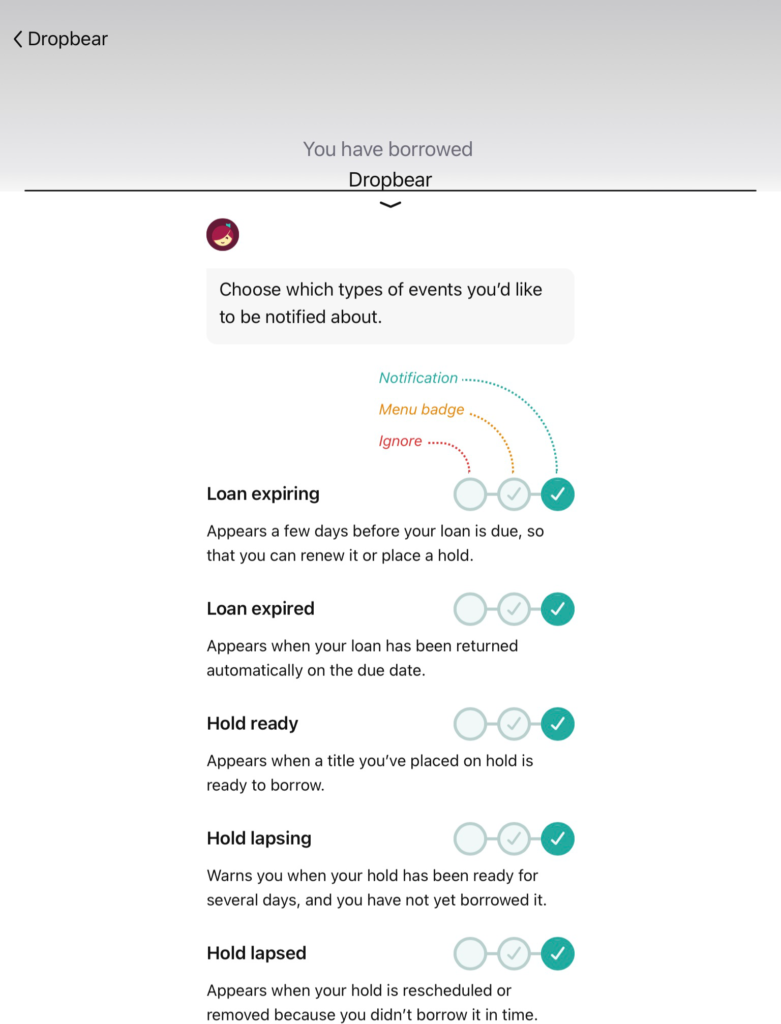 Screenshot of expanded sheet of notifications settings