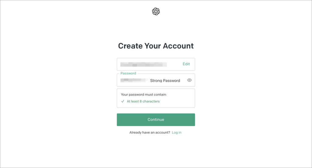 Screenshot of the screen to create an account using an email address