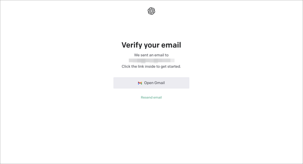 Screenshot of the "Verify your email" screen, with an option to open in the email service of the user's choice