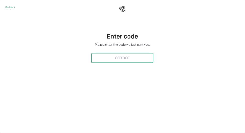 Screenshot of the "enter code" step of phone number verification
