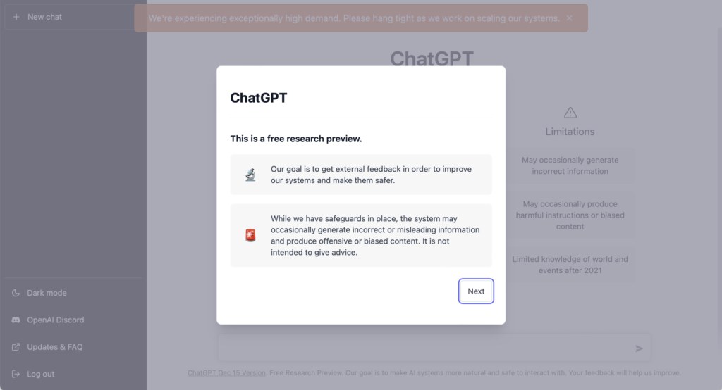 Screenshot of the initial dialog shown on the ChatGPT main page, with information about it being a research preview